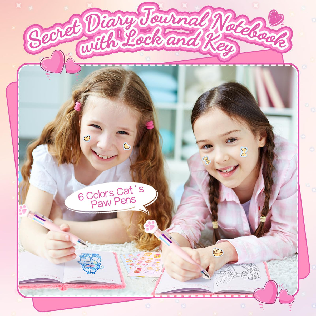 Girls Heart Diary with Lock and Keys - Cute Plush Secret Journal Notebook Gift Ages 6-8