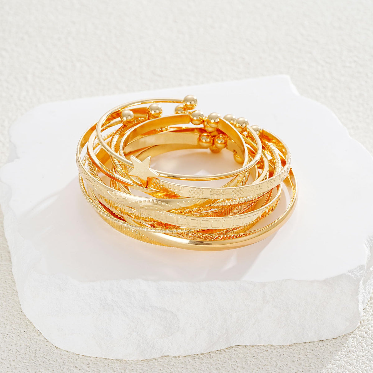 FAXHION Gold Bangle Bracelets for Women, 14 Pcs Multi Layer Stackable Bangle Set, 14K Gold Plated Textured Chunky Bracelets Boho Jewelrys Set