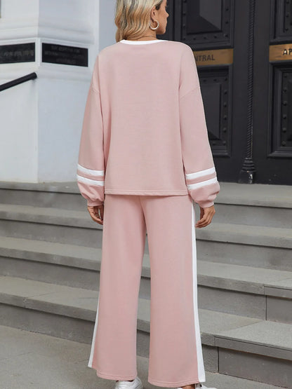 Contrast Trim Round Neck Top and Pants Set