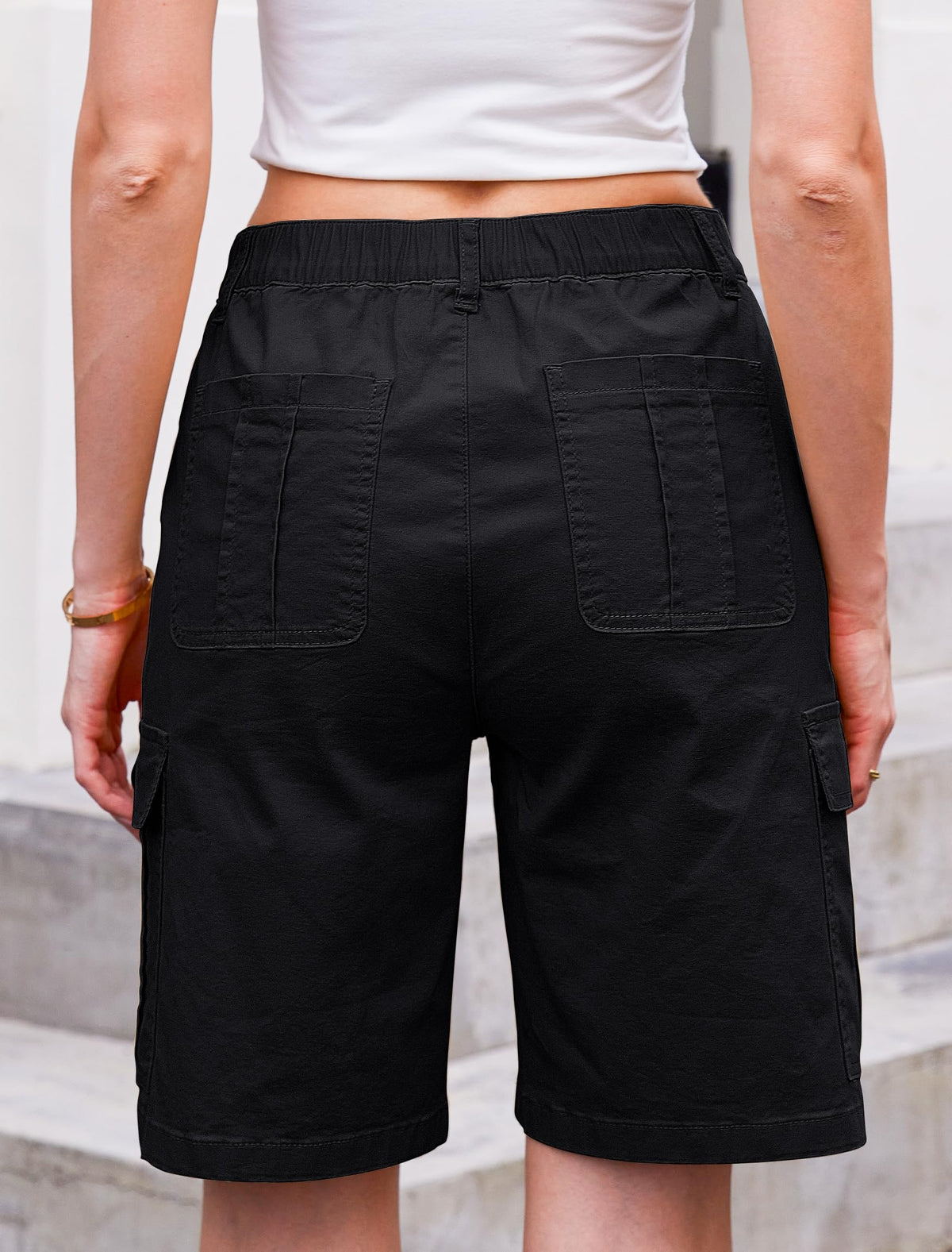 Women High Waisted Bermuda Cargo Shorts - 6 Pockets Stretchy Knee Length Summer Shorts