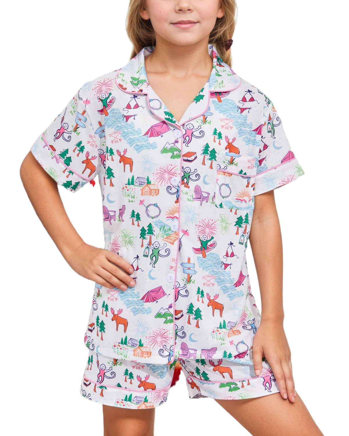 Roller Rabbit Pajamas Kids - Girls Summer 2 Piece Set - Button Down Top and Shorts