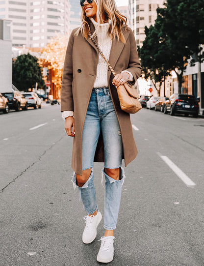 Wool Blend Pea Coat - Double Breasted Mid Length Trench Coat for Women