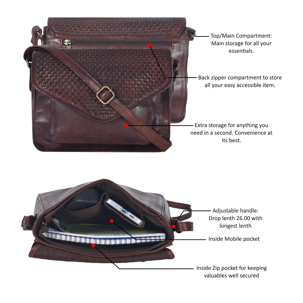 Leather Flapover Crossbody Handbag Purse for Women with Adjustable Strap &amp; Overflap Snap Closure Tote/Bag