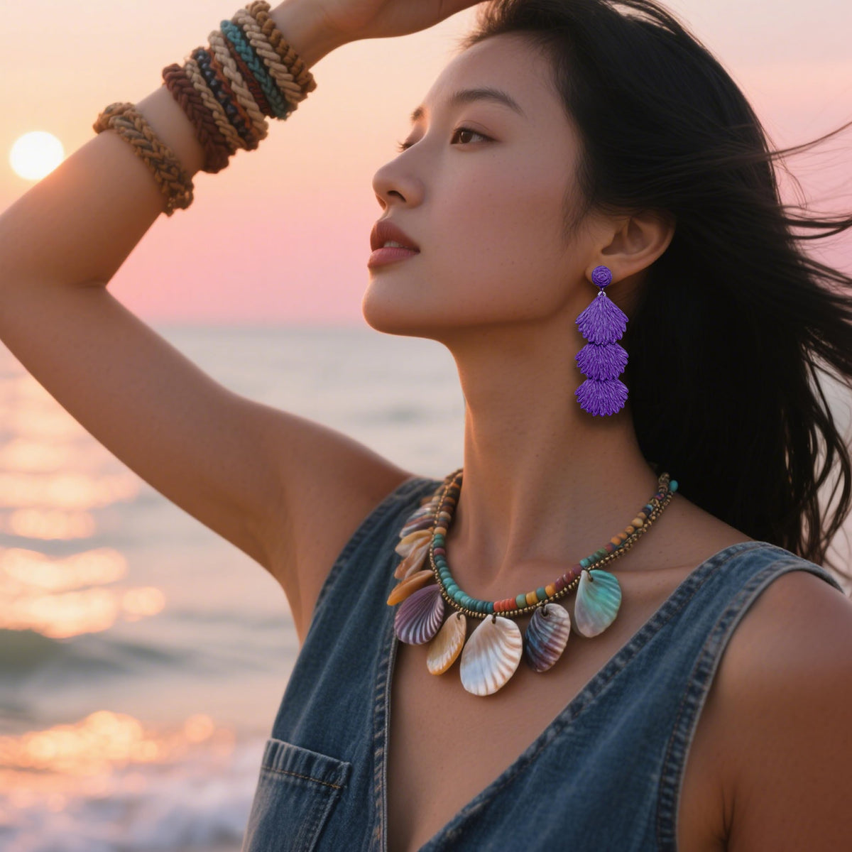 Raffia Dangle Earrings for Women - Boho Statement Rattan Drop Jewelry with Shell Design, Lightweight Summer Beach Trendy Accessories