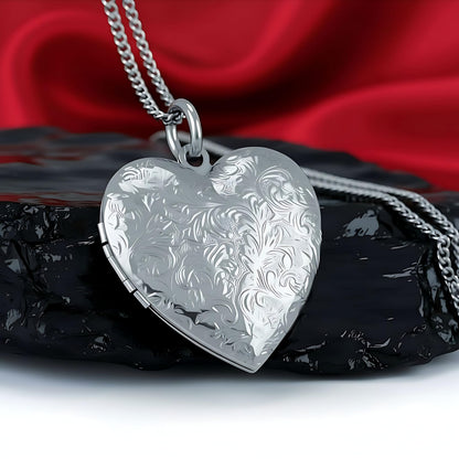 UNCLE LOL Vintage Silver Heart Locket Necklace – Engraved Photo Pendant for Women