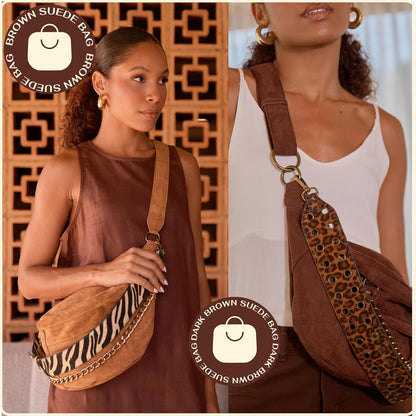 Anti Pickpocket Crossbody Large Vegan Dark Brown Suede Sling Bag RFID &amp; Glasses Pockets, Adjustable Strap, Anti Theft Design, Multiple Compartments, Chain Detail Travel Crossbody Bag for Women