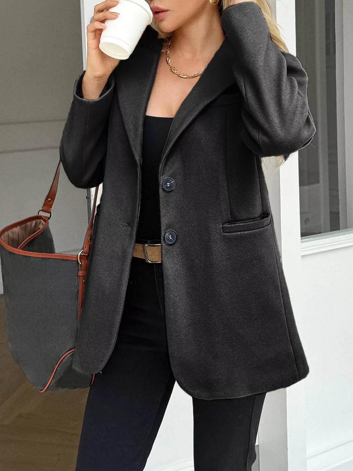 Lapel Collar Button Up Blazer