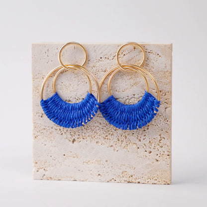 Raffia Hoop Earrings for Women Fun Boho Summer Beach Earrings Lightweight Handmade Straw Wicker Rattan Dangle Earrings Statement Geometric Round Drop Earrings