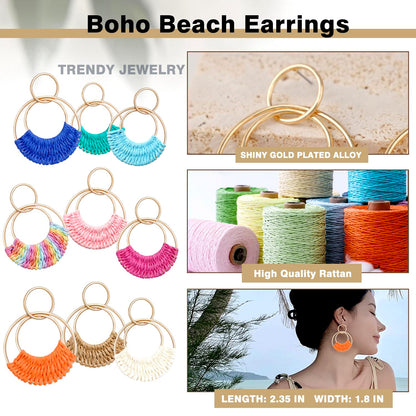 Raffia Hoop Earrings for Women Fun Boho Summer Beach Earrings Lightweight Handmade Straw Wicker Rattan Dangle Earrings Statement Geometric Round Drop Earrings