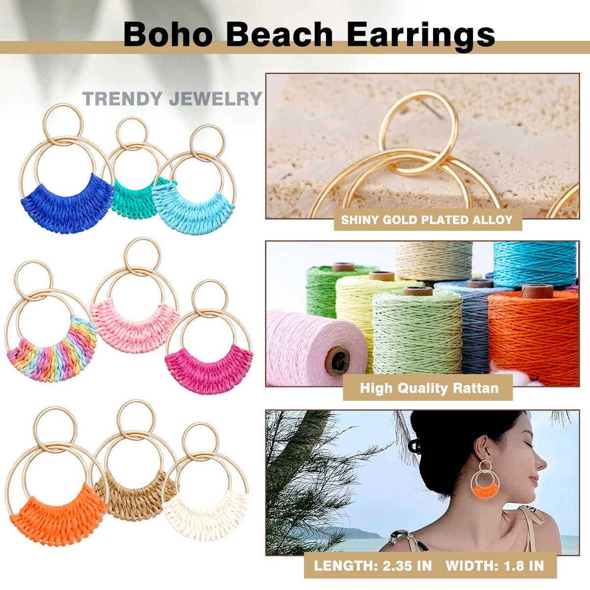 Raffia Hoop Earrings for Women Fun Boho Summer Beach Earrings Lightweight Handmade Straw Wicker Rattan Dangle Earrings Statement Geometric Round Drop Earrings