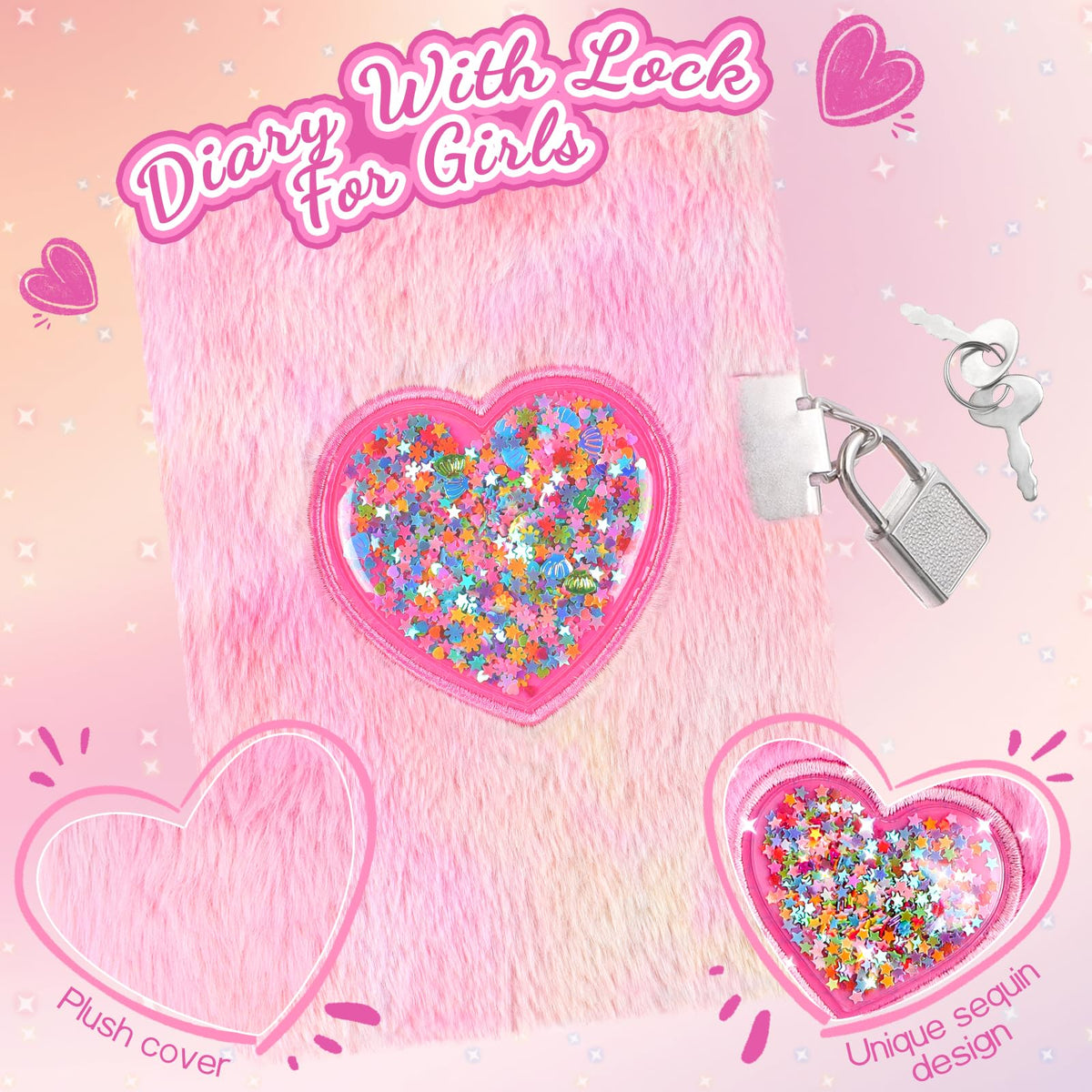 Girls Heart Diary with Lock and Keys - Cute Plush Secret Journal Notebook Gift Ages 6-8