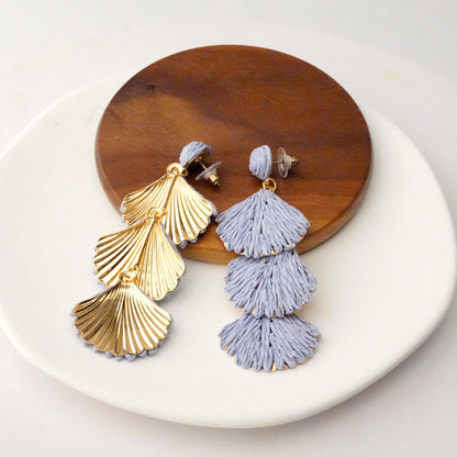 Raffia Dangle Earrings for Women - Boho Statement Rattan Drop Jewelry with Shell Design, Lightweight Summer Beach Trendy Accessories