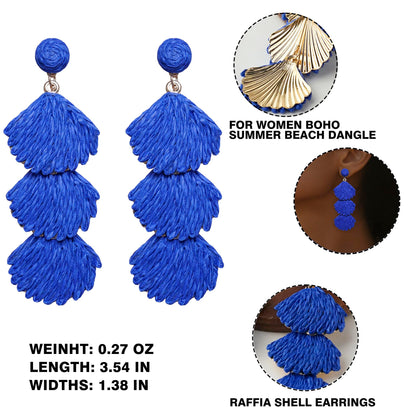 Raffia Dangle Earrings for Women - Boho Statement Rattan Drop Jewelry with Shell Design, Lightweight Summer Beach Trendy Accessories