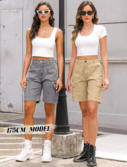 Women High Waisted Bermuda Cargo Shorts - 6 Pockets Stretchy Knee Length Summer Shorts