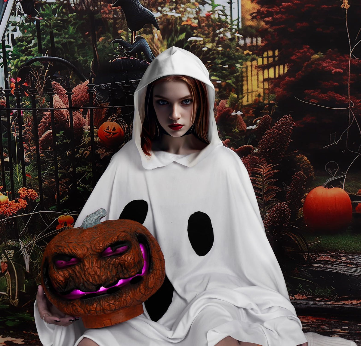 Ghost Poncho Costume for Women - Halloween Hooded Cape Outfit