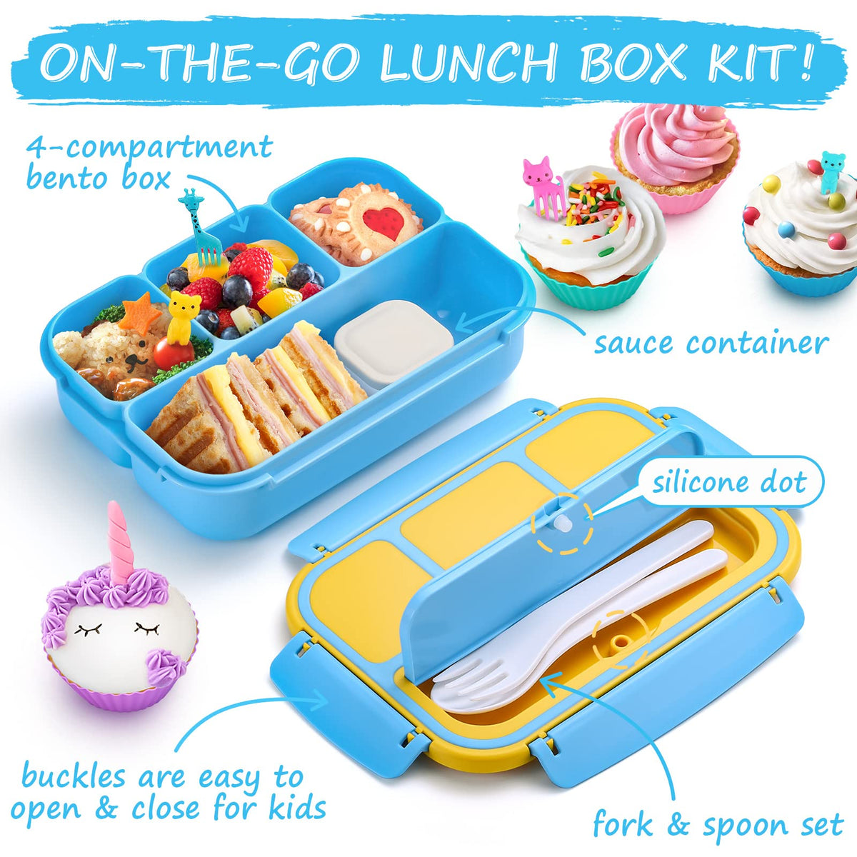 Bento Lunch Box for Kids - 4 Compartment Leak-Proof School Lunch Container with Utensils Purple