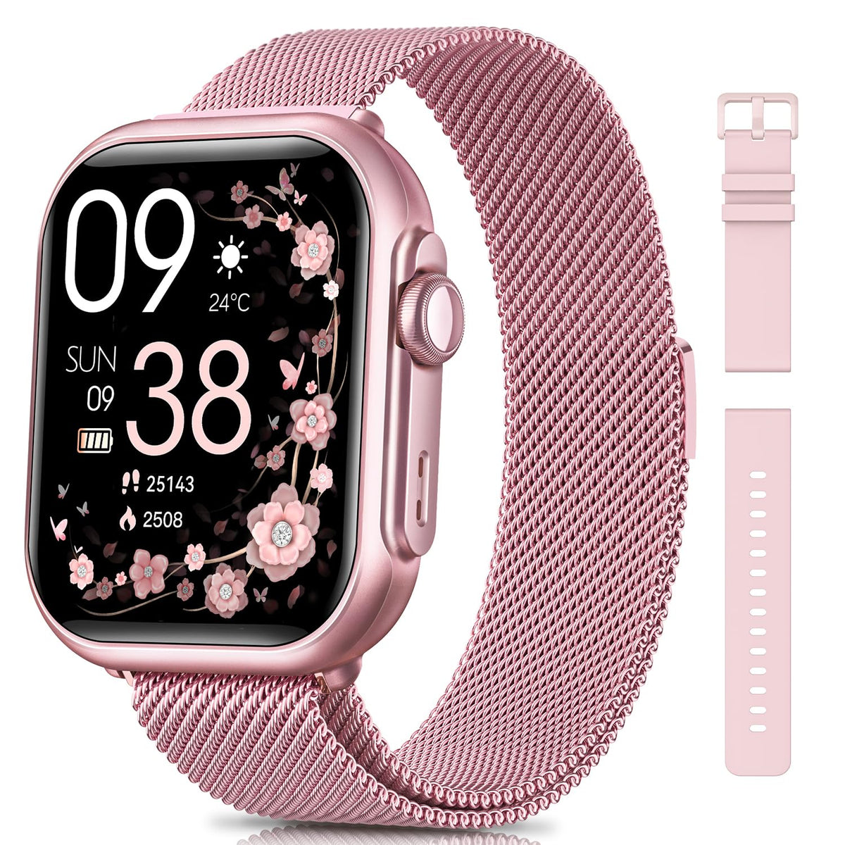 Smart Watch for Women for iPhone Android: 1.85"Smartwatch with Make/Answer Call Sleep Heart Rate SpO2 Blood Pressure Monitor IP68 Waterproof 120+Sport Mode Fitness Tracker 1000mAh Battery 2Bands Pink