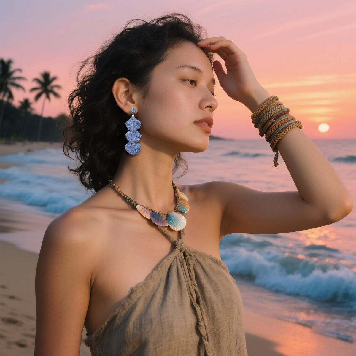 Raffia Dangle Earrings for Women - Boho Statement Rattan Drop Jewelry with Shell Design, Lightweight Summer Beach Trendy Accessories