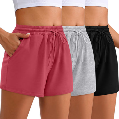 Women Sweat Shorts 3-Pack - High Waist Athletic Lounge Shorts with Pockets