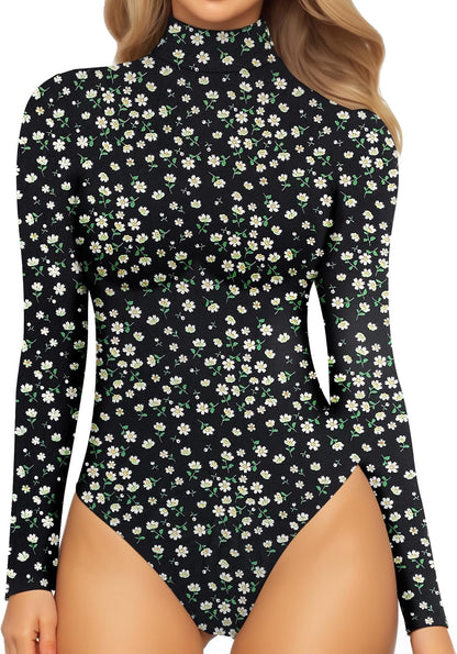 Mock Turtleneck Bodysuit - Long Sleeve Fitted Top with Snap Closure