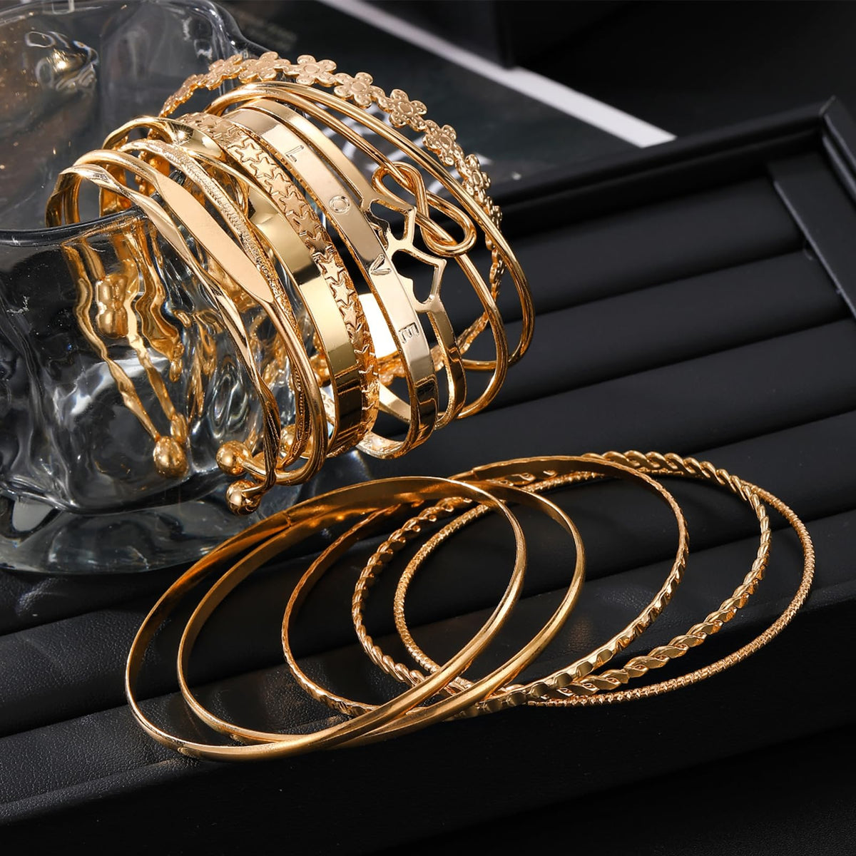 17IF Gold Bangle Bracelet For Women, 14k Multilayer Charm Textured Stackable Bracelets Boho Indian Chunky Cuff Fashion Jewelry Gift