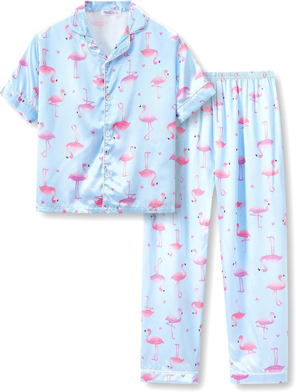 Girls Satin Pajama Set - Silky Button Down PJ with Shorts Size 6-16