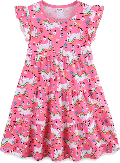 Girls Cotton Dress - Ruffle Sleeve Tiered A-Line Midi Sundress