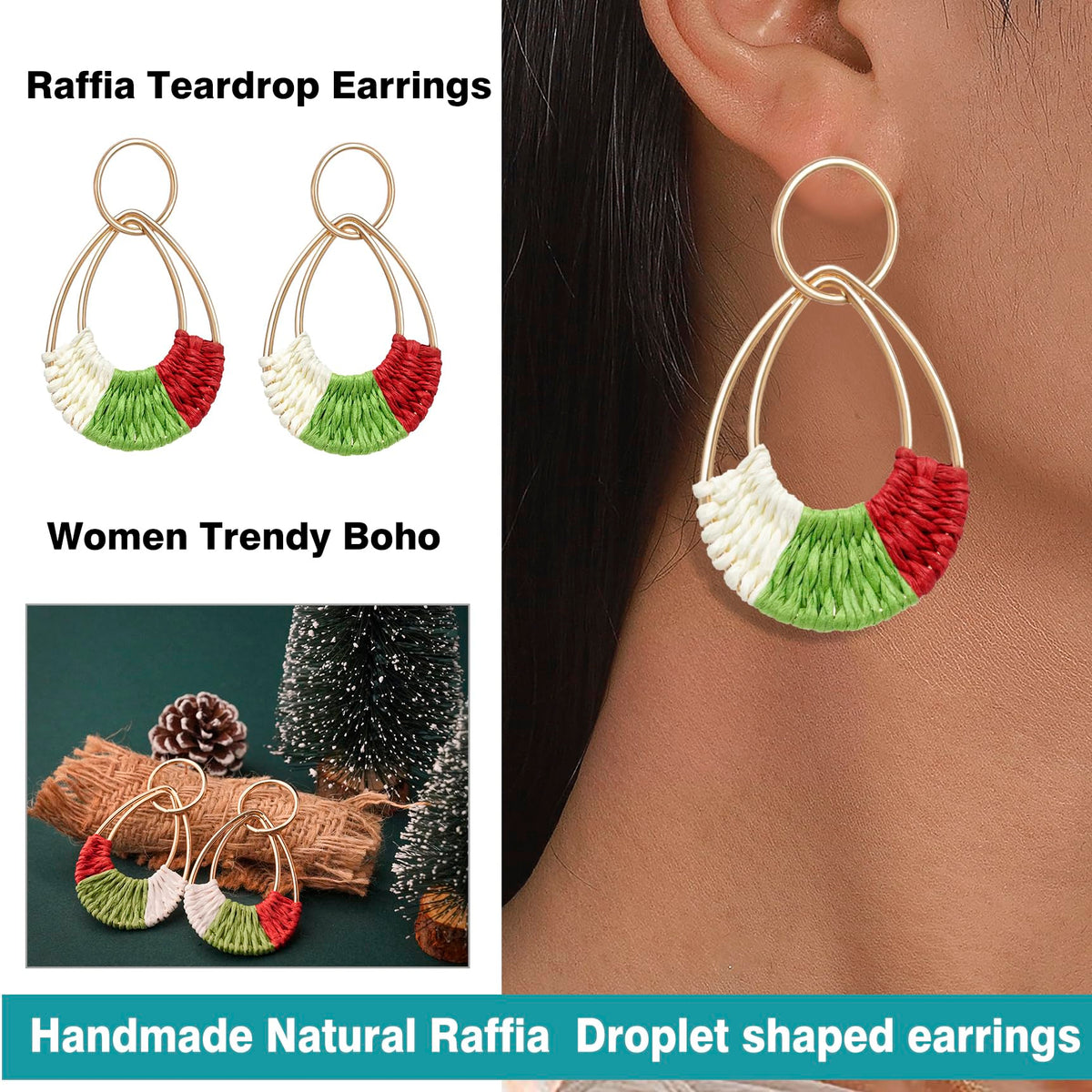 Raffia Hoop Earrings for Women Fun Boho Summer Beach Earrings Lightweight Handmade Straw Wicker Rattan Dangle Earrings Statement Geometric Round Drop Earrings