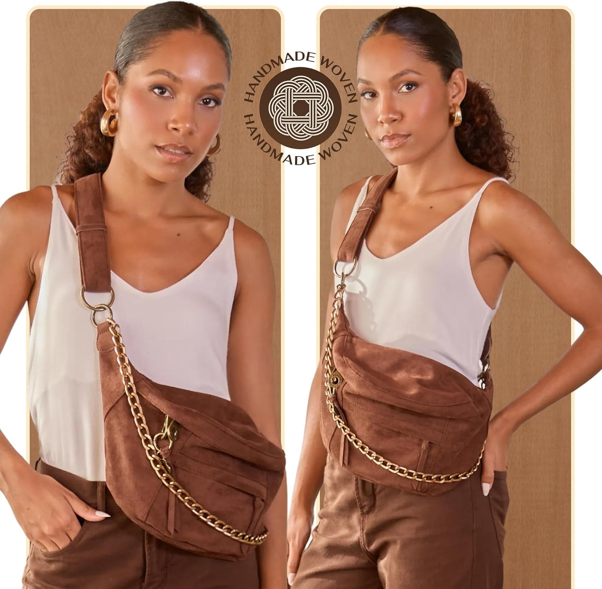 Anti Pickpocket Crossbody Large Vegan Dark Brown Suede Sling Bag RFID &amp; Glasses Pockets, Adjustable Strap, Anti Theft Design, Multiple Compartments, Chain Detail Travel Crossbody Bag for Women