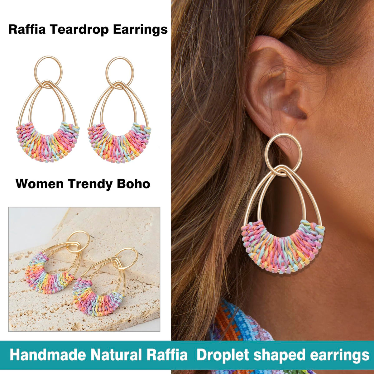 Raffia Hoop Earrings for Women Fun Boho Summer Beach Earrings Lightweight Handmade Straw Wicker Rattan Dangle Earrings Statement Geometric Round Drop Earrings
