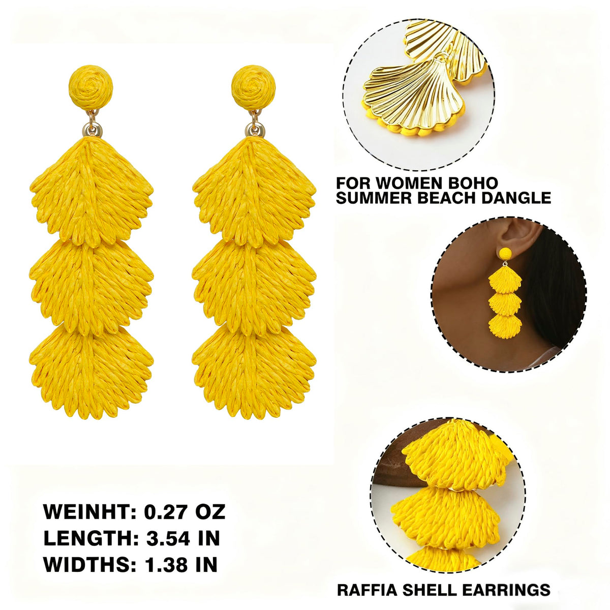Raffia Dangle Earrings for Women - Boho Statement Rattan Drop Jewelry with Shell Design, Lightweight Summer Beach Trendy Accessories