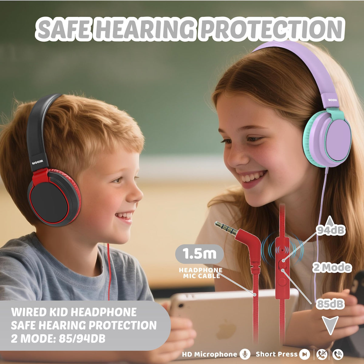 Kids Headphones Volume Limited 85/94dB - Wired Over-Ear Foldable Headset with Microphone Pink