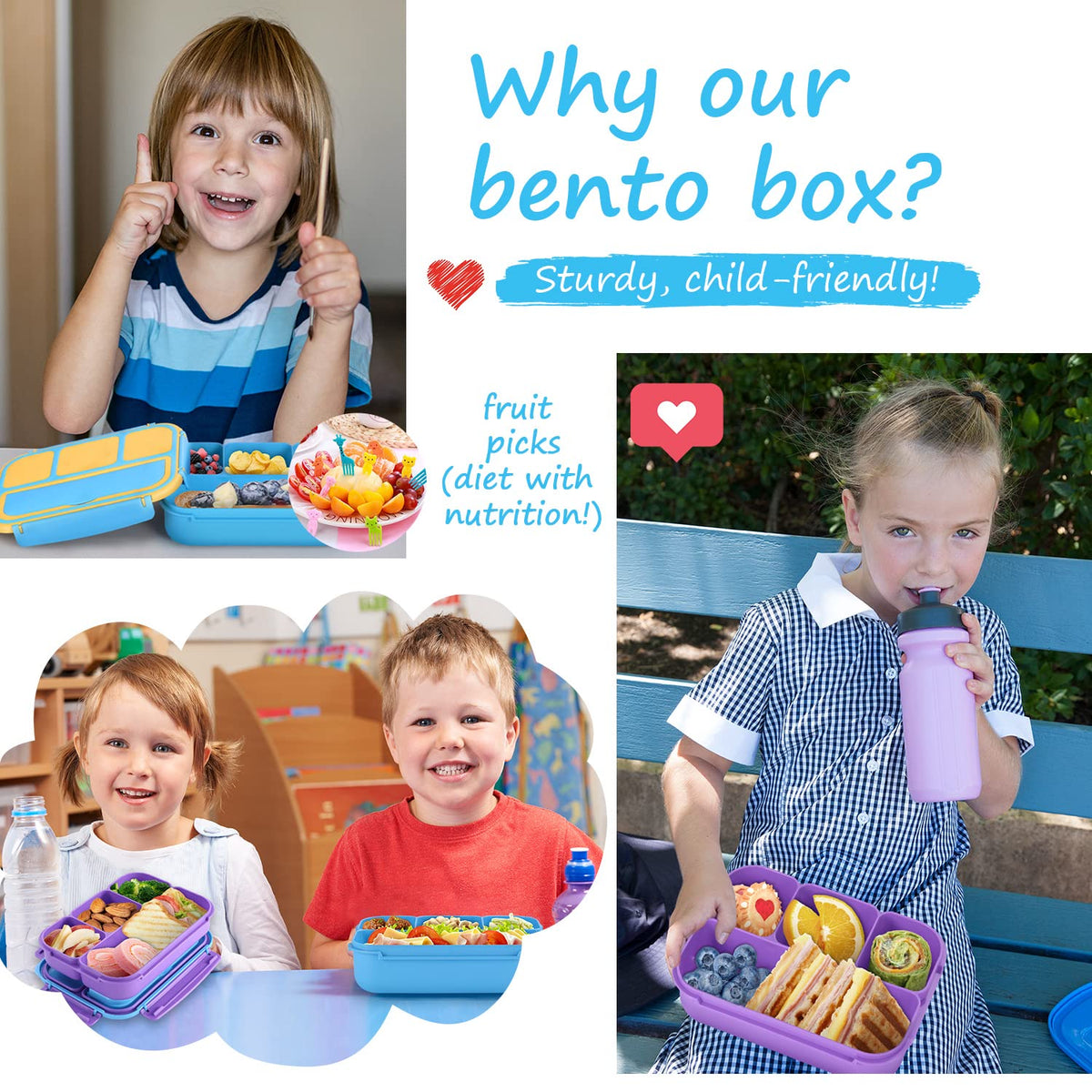 Bento Lunch Box for Kids - 4 Compartment Leak-Proof School Lunch Container with Utensils Purple