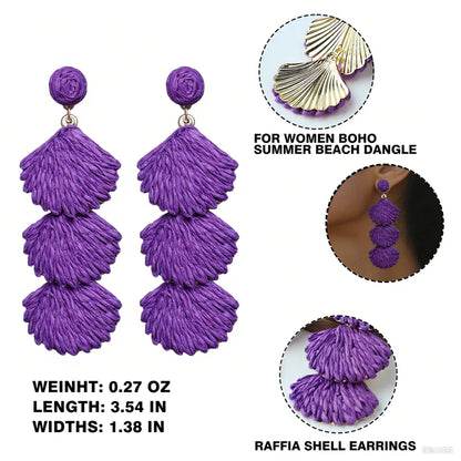 Raffia Dangle Earrings for Women - Boho Statement Rattan Drop Jewelry with Shell Design, Lightweight Summer Beach Trendy Accessories