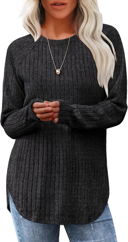 Long Sleeve Tunic Top for Women - Loose Fit Pullover with Curved Hem