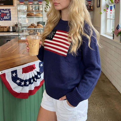 Women American Flag Sweater Long Sleeve Crew Neck Loose Fit Knit Pullover Tops USA Casual Loose Pullover Sweater