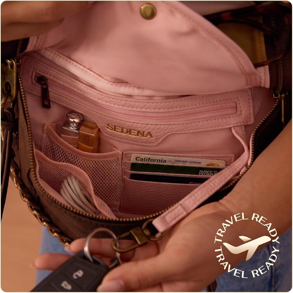 Anti Pickpocket Crossbody Large Vegan Dark Brown Suede Sling Bag RFID &amp; Glasses Pockets, Adjustable Strap, Anti Theft Design, Multiple Compartments, Chain Detail Travel Crossbody Bag for Women