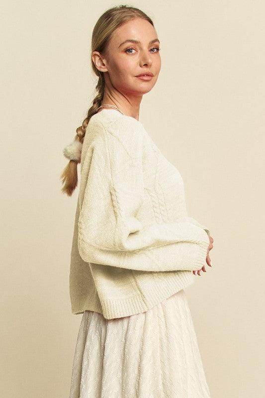 Davi &amp; Dani Diamond Cable Pattern Drop Shoulder Sweater