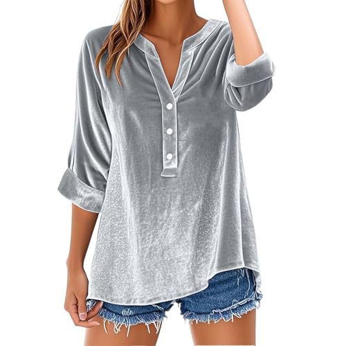 Womens Long-sleeve Solid-color V-neck Loose-fit Blouse
