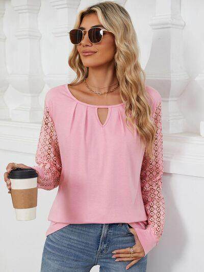Cutout Round Neck Long Sleeve T-Shirt with Lace Detail