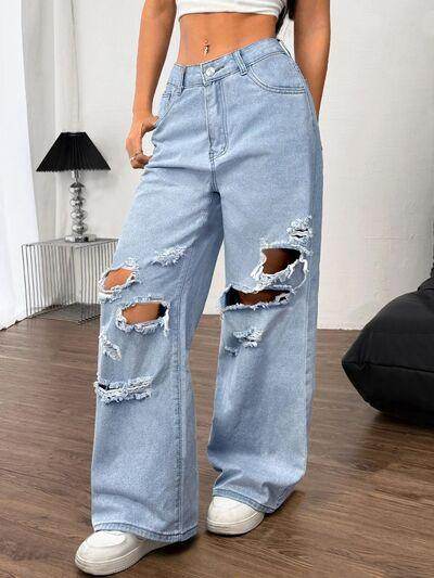 Distressed Wide Leg Jeans with Pockets for Women