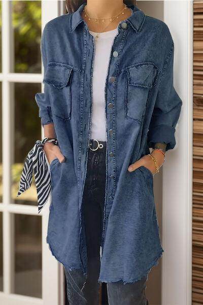Full Size Pocketed Button Up Long Sleeve Denim Jacket Sale