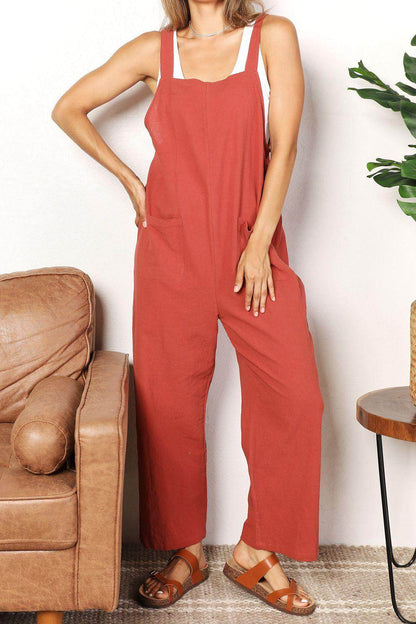 Perfee Wide Leg Overalls with Front Pockets for Women
