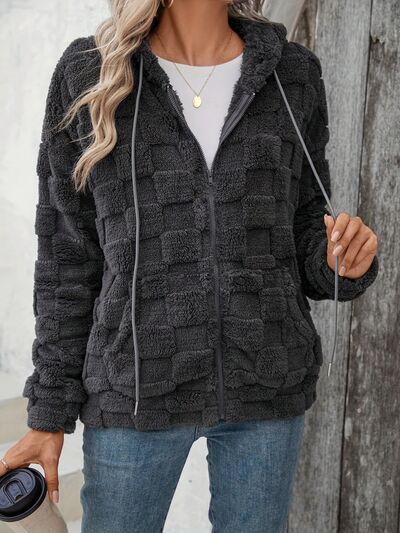 Dark Gray Women Checkered Pattern Jacket Comfy Textured Zip-Up Drawstring Fuzzy Jacket