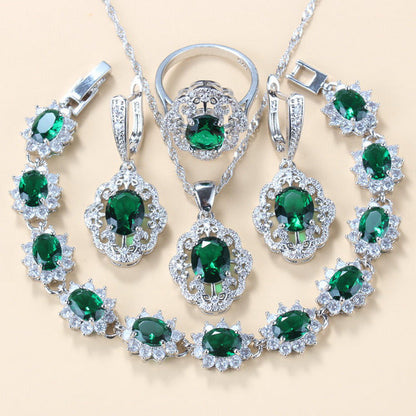 Garnet Cubic Zirconia Earrings Pendant Necklace Bracelet Ring Gift 4 PCs Set