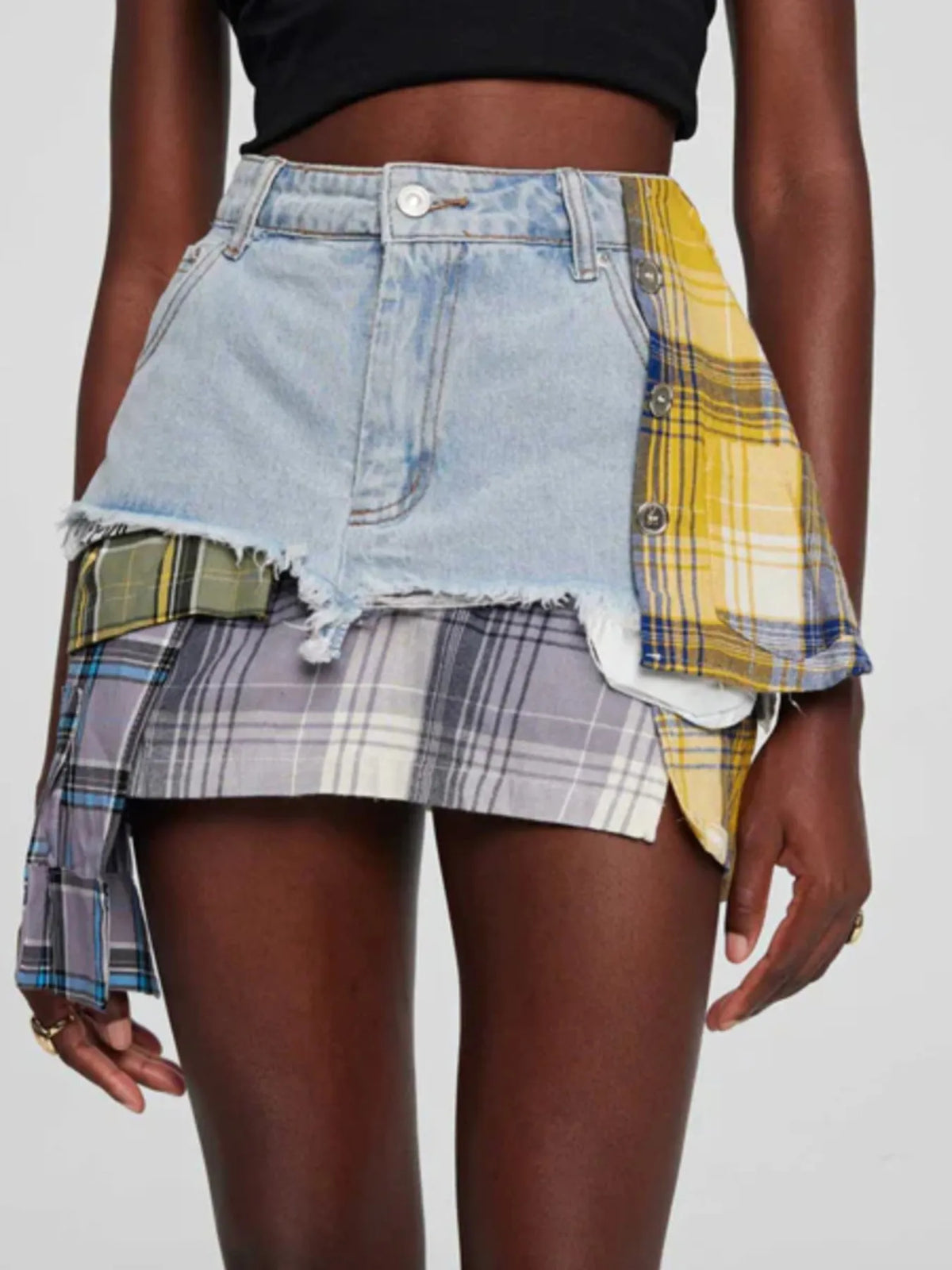 Raw Hem Denim Mini Skirt with Plaid Patch Details