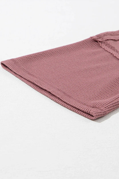 Blue Exposed Seam Drop Sleeve V Neck Waffle Textured Top