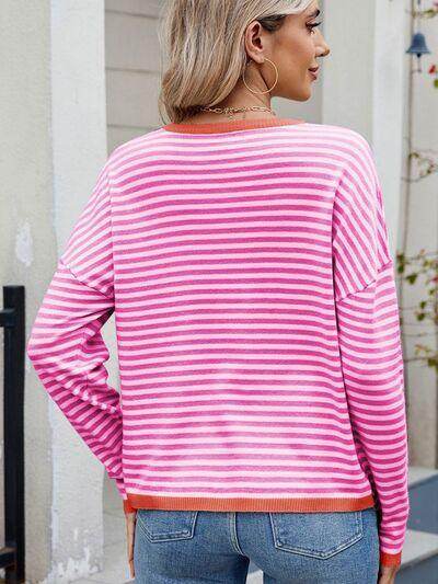 Striped Contrast Round Neck Long Sleeve Sweater for Women