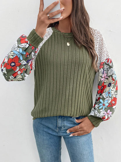 Perfee Printed Round Neck Long Sleeve Knit Top