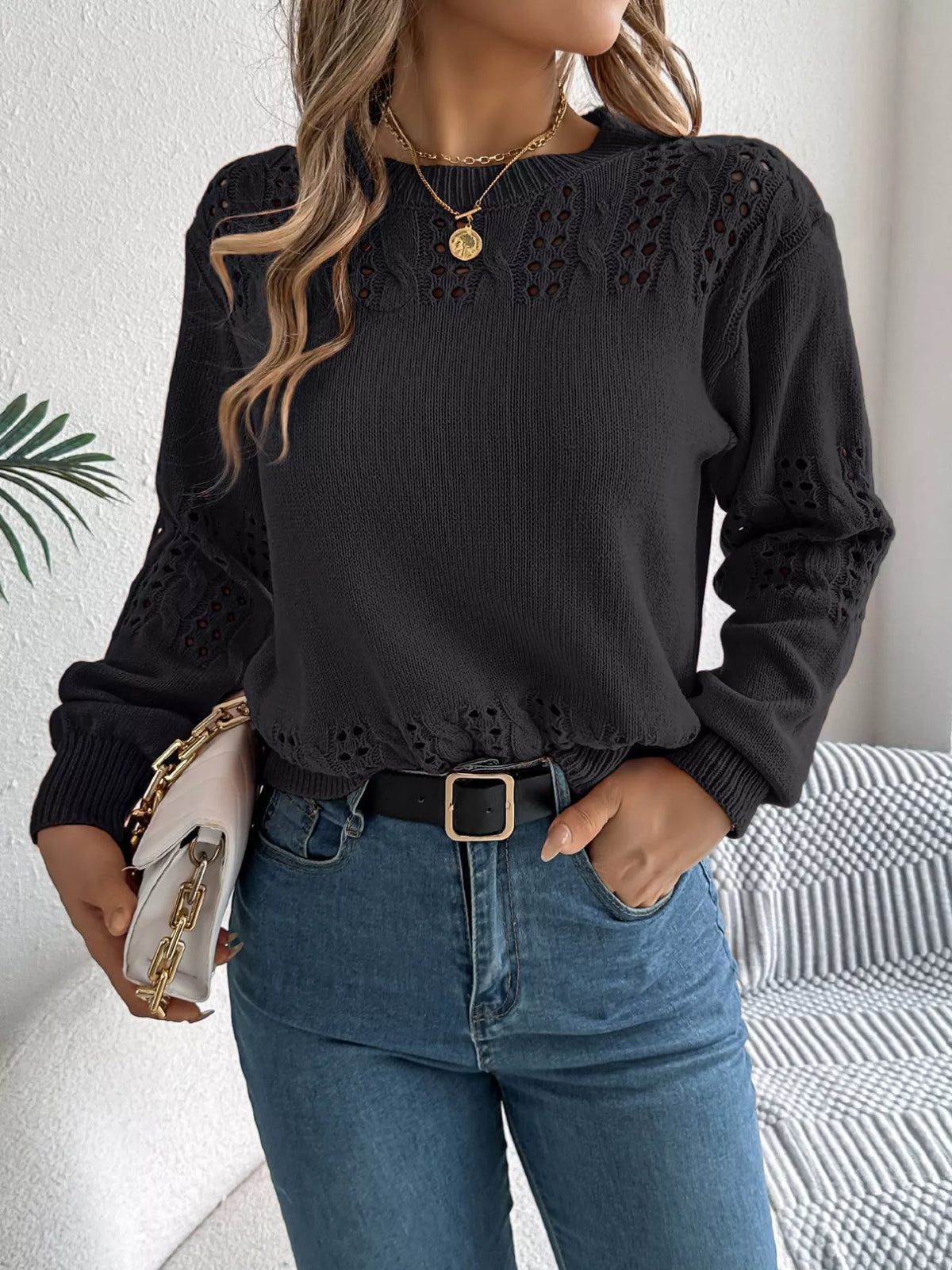 Hollow Out Eyelet Long Sleeve Sweater